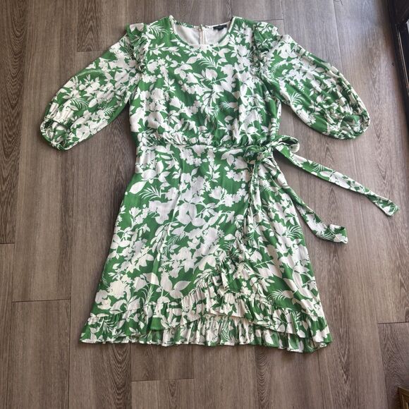 Ann Taylor Sheath Dress Sz 4P Floral Side Tie Green & White 3/4 Sleeves $159 - Picture 5 of 11